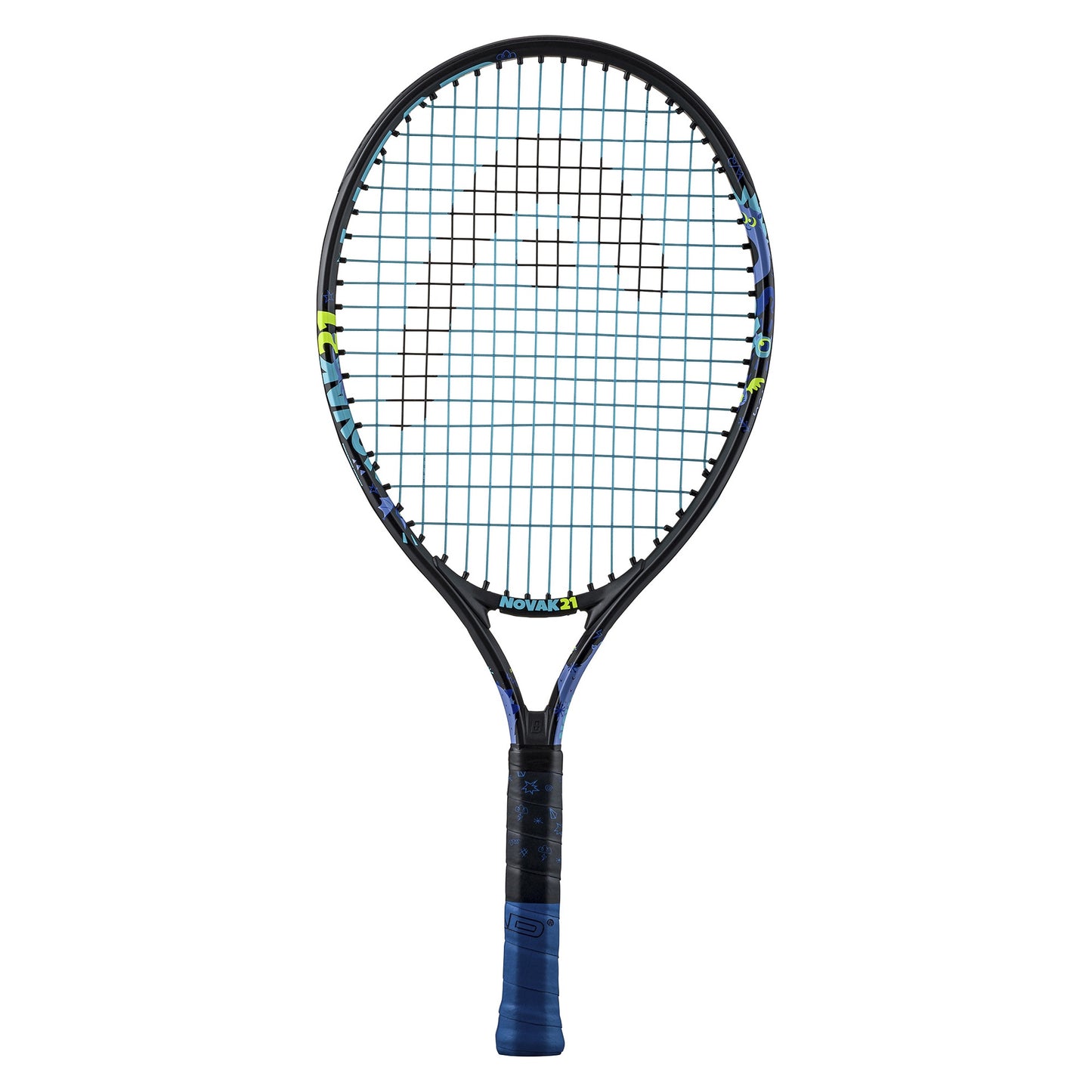 Head Novak Junior tennis racket with blue and white frame, lightweight design, suitable for young players practicing tennis.