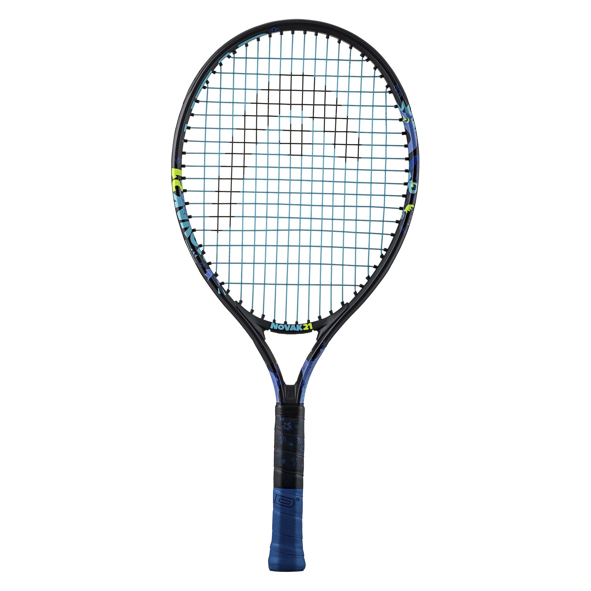 Head Novak Junior tennis racket with a sleek design, lightweight frame, and ergonomic grip for young players.