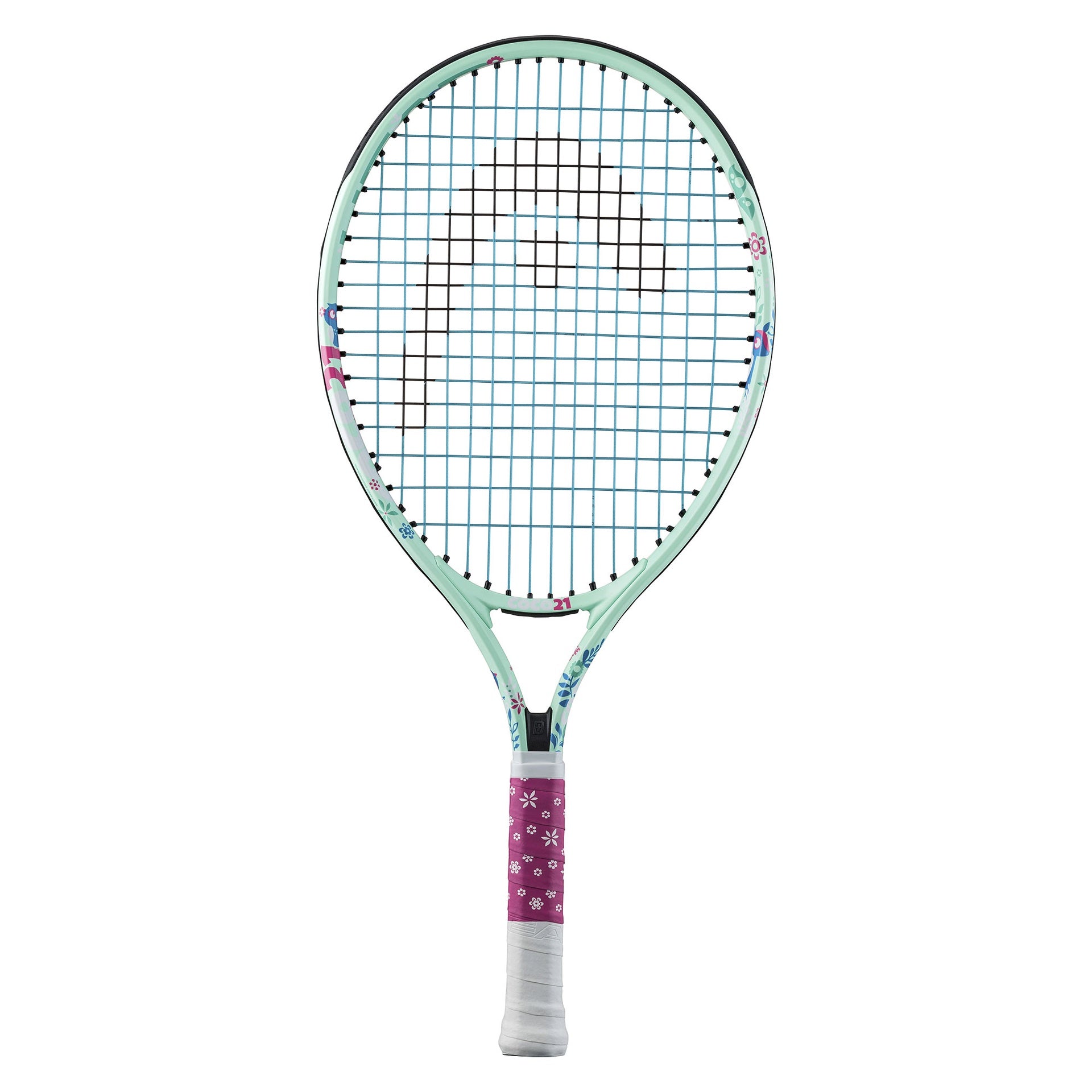Head Coco Junior tennis racket with a pink and white frame, designed for young players, in a sporting goods setting.