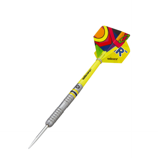 Unicorn Flair 80% Tungsten Darts with colorful unicorn design, professional sporting goods for darts players, close-up view of darts