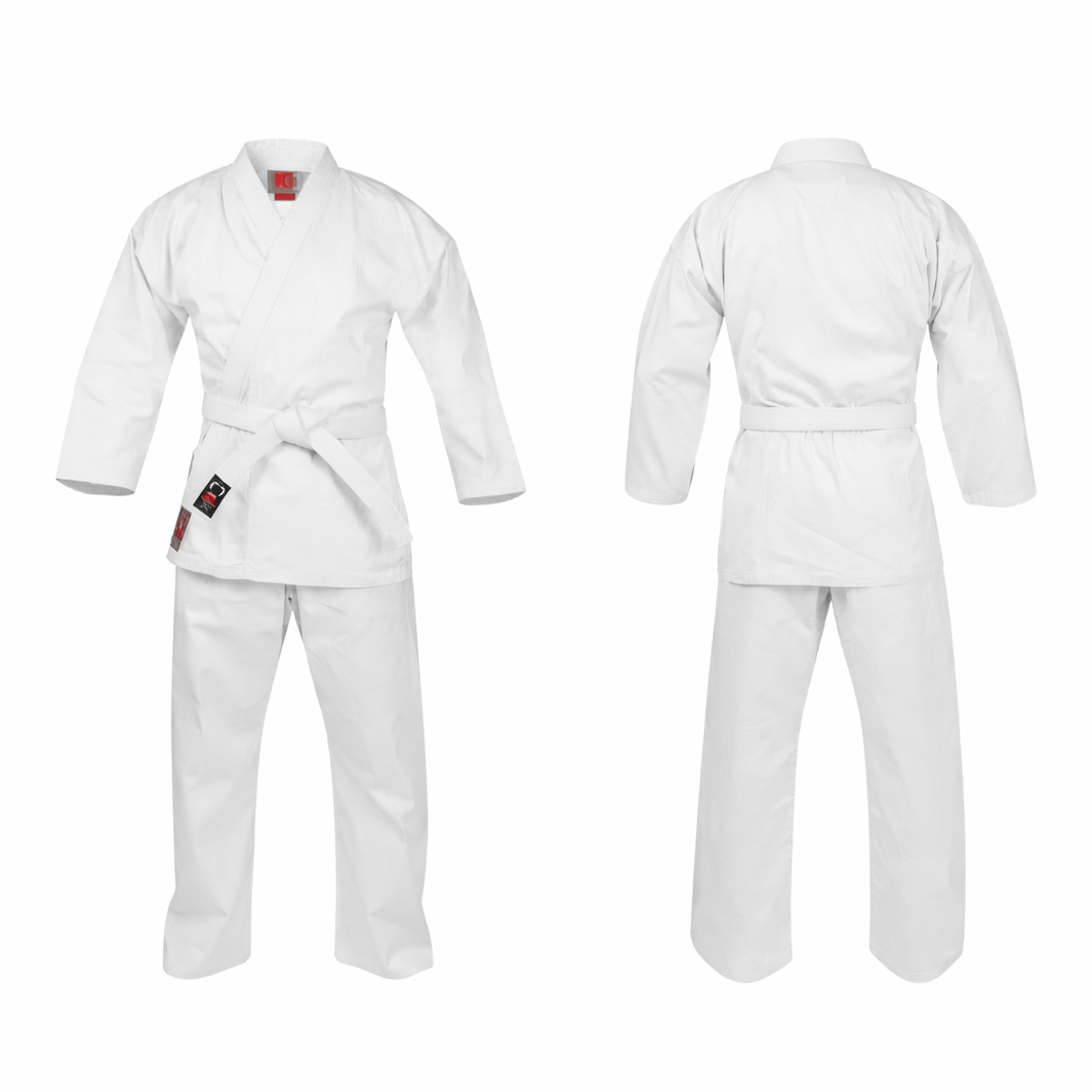 Adult white Deshi karate suit by Angry Ape with 8oz 100% cotton fabric and free white belt, displayed flat on a plain background.