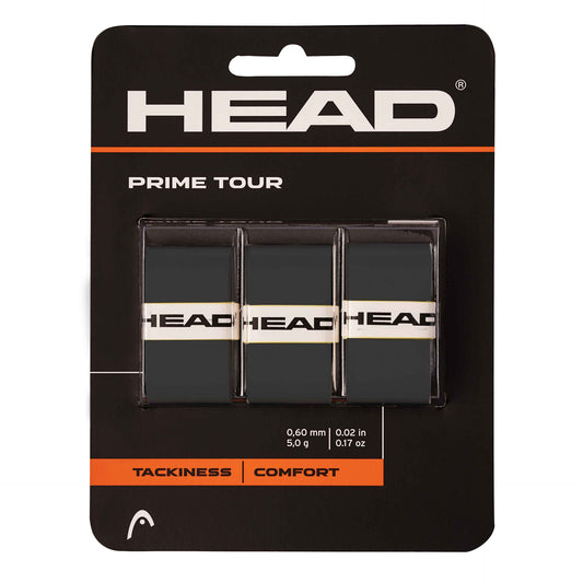 Head Prime Tour 3 Pack overgrips for tennis and sports, showing three black cushioned grip wraps on a plain background.