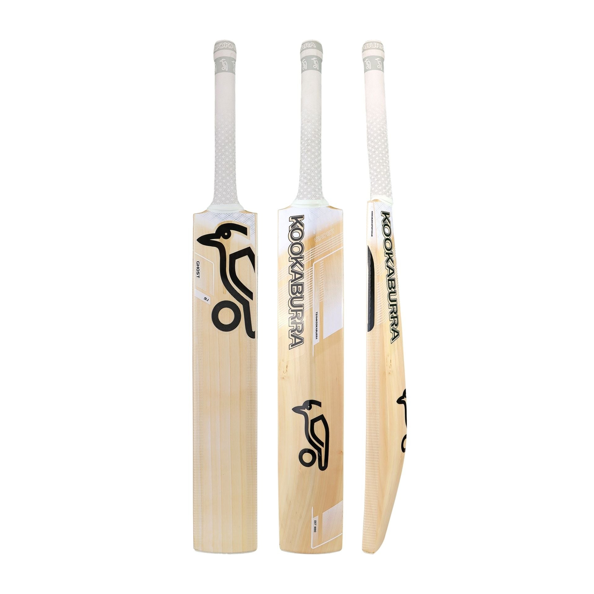 Kookaburra Ghost 9.1 cricket bat with light-colored wood and black branding, featuring a flat face and curved blade design.