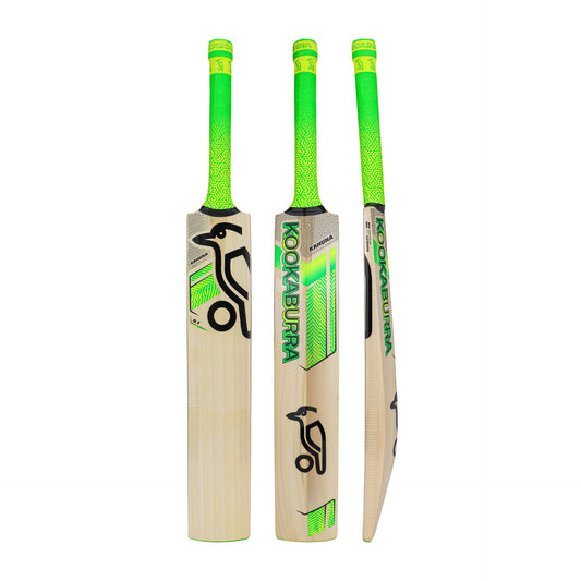Kookaburra Kahuna 9.1 cricket bat with wooden blade and handle, featuring brand logo and professional cricket equipment design.