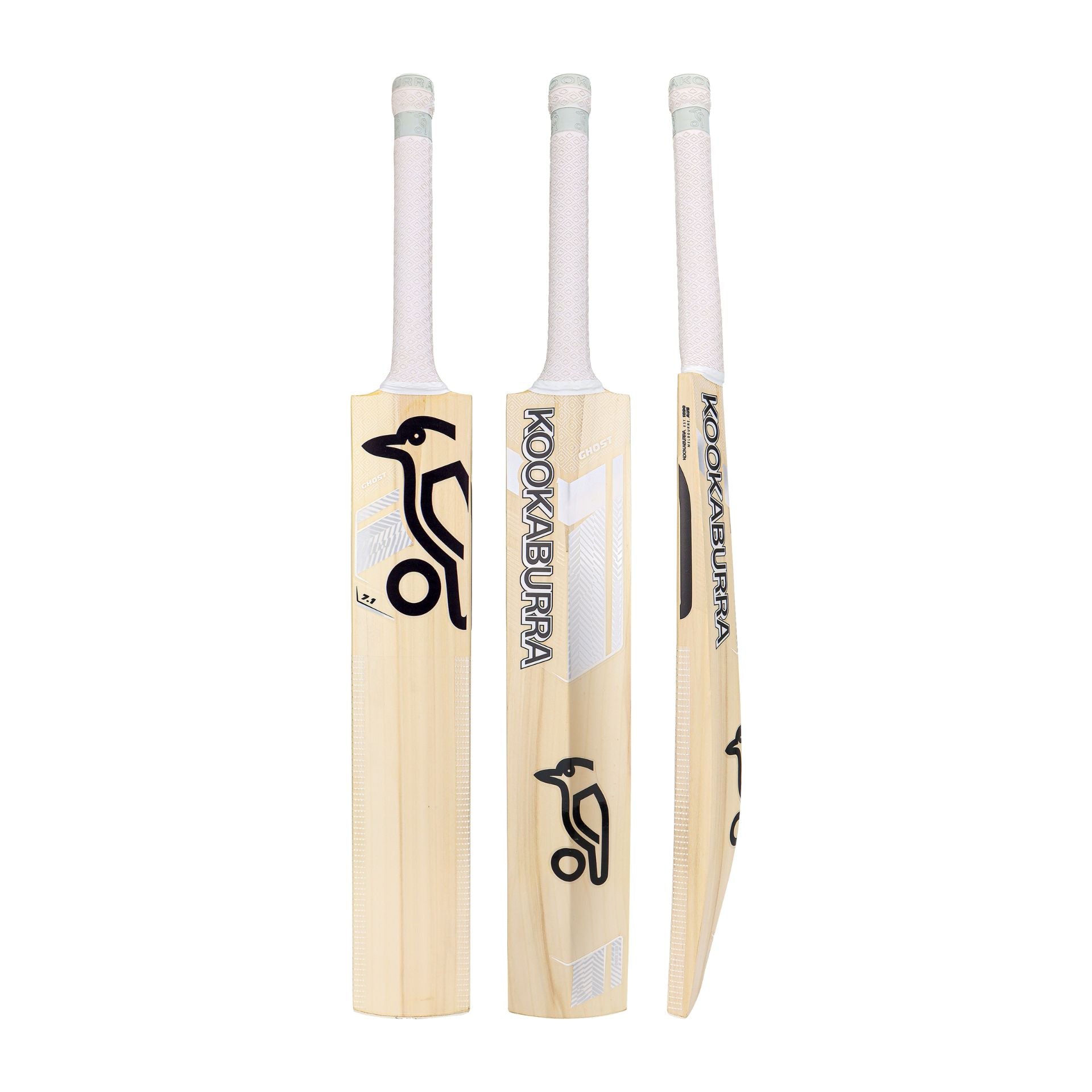 Kookaburra Ghost 7.1 cricket bat with light wood finish, grip handle, and brand logo on the blade for cricket sporting goods.