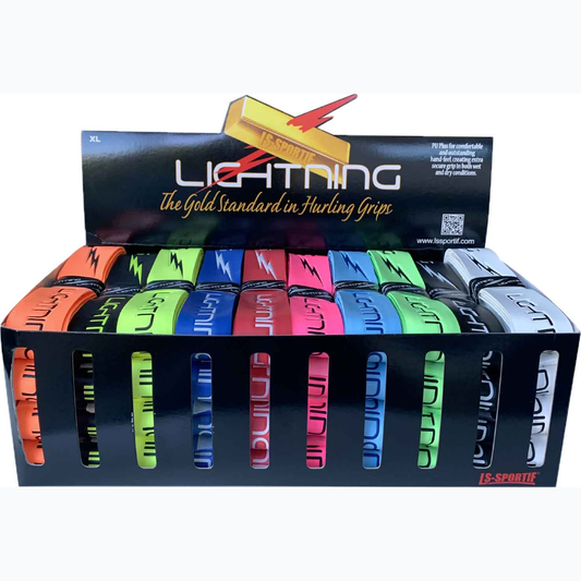 Set of 40 LS-Sportif XL Lightning Grip Boxes for sporting goods, featuring bright orange grips in a clear plastic container.