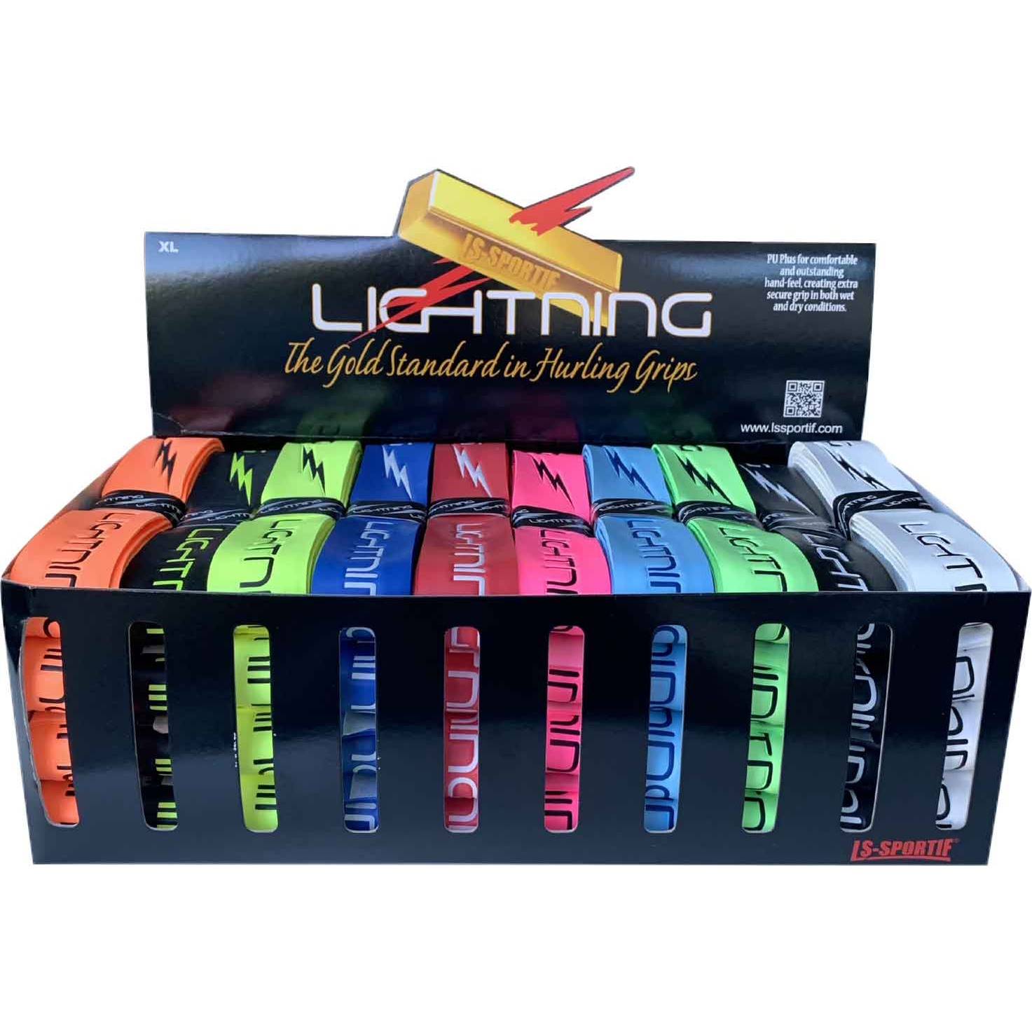 LS-Sportif XL Lightning Grip Box with 40 sporting goods grips, shown in a close-up image of the grip set.
