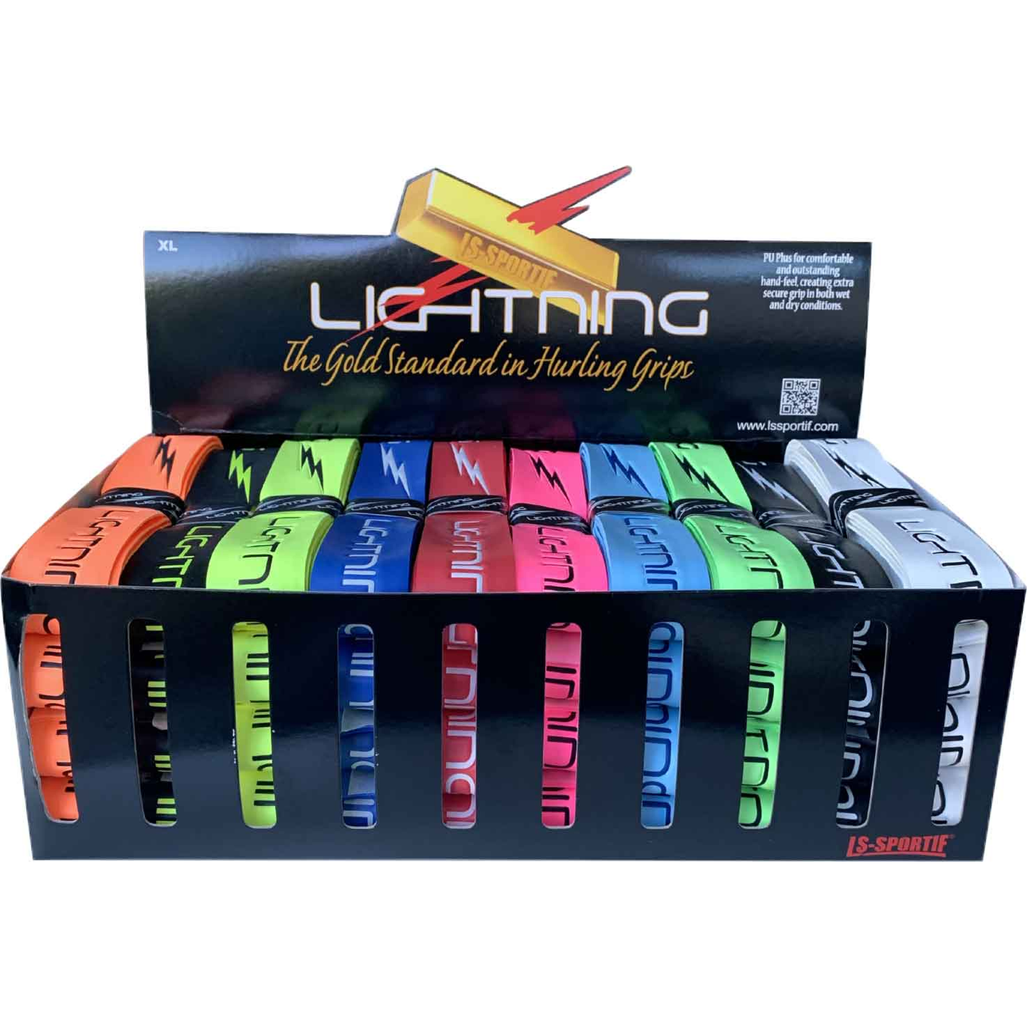 LS-Sportif XL Lightning Grip Box with 40 sporting goods grips, featuring textured rubber surfaces for enhanced grip and durability.