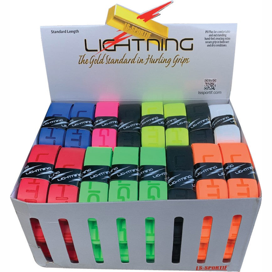 LS-Sportif Embossed Lightning Grip Box with 48 sporting goods grips, featuring textured embossed surface and compact storage box.