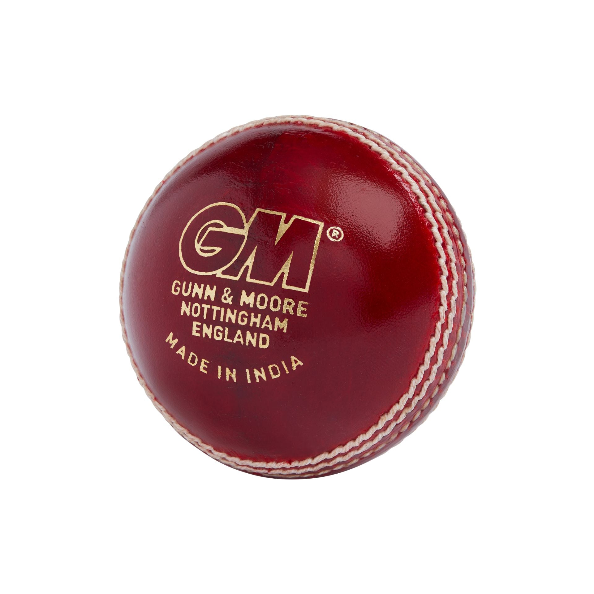 Gunn and Moore GM Clubman cricket ball with red leather cover and white stitching, used for cricket matches and practice.