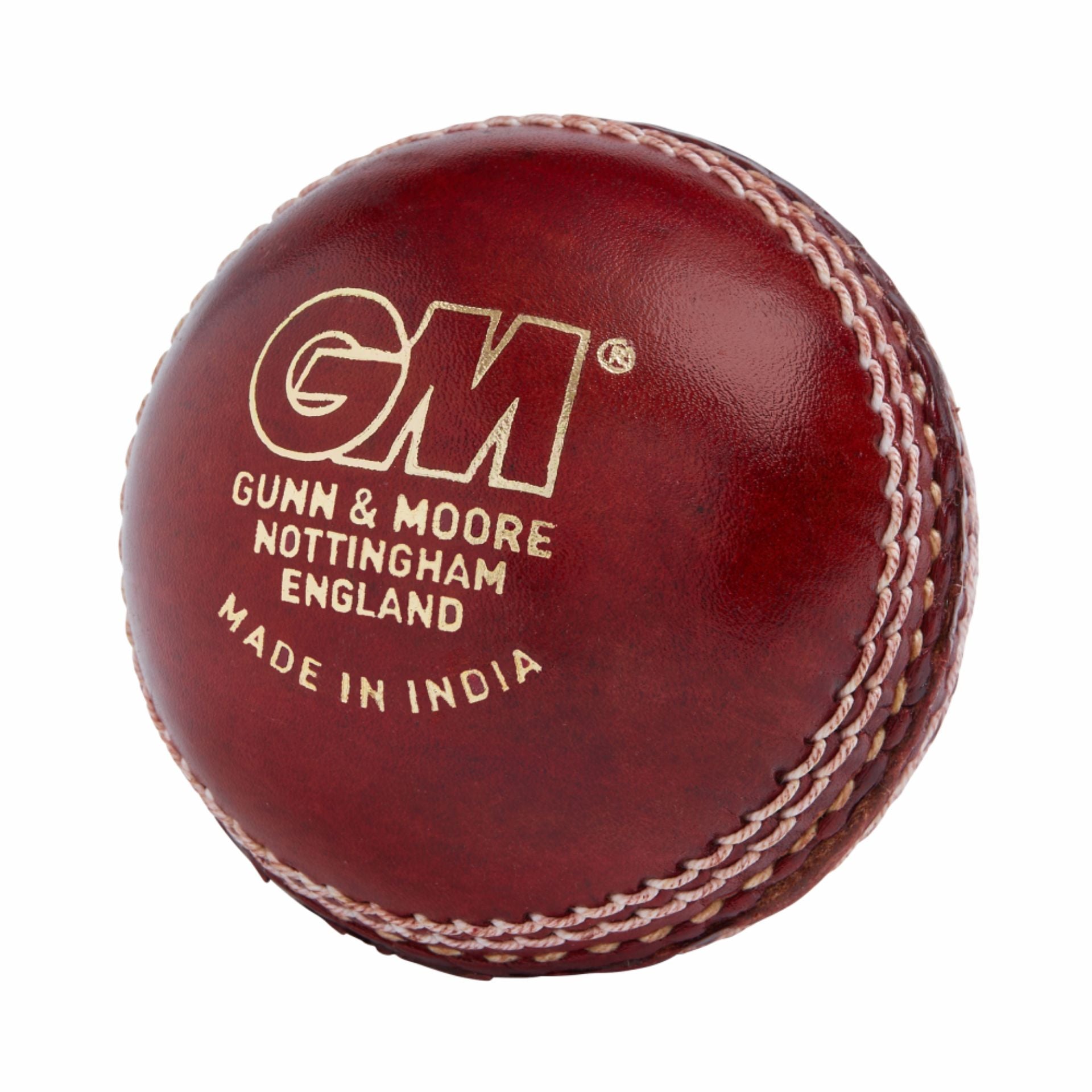 Gunn and Moore GM Catalyst cricket ball with red leather seam, designed for cricket matches and sporting use
