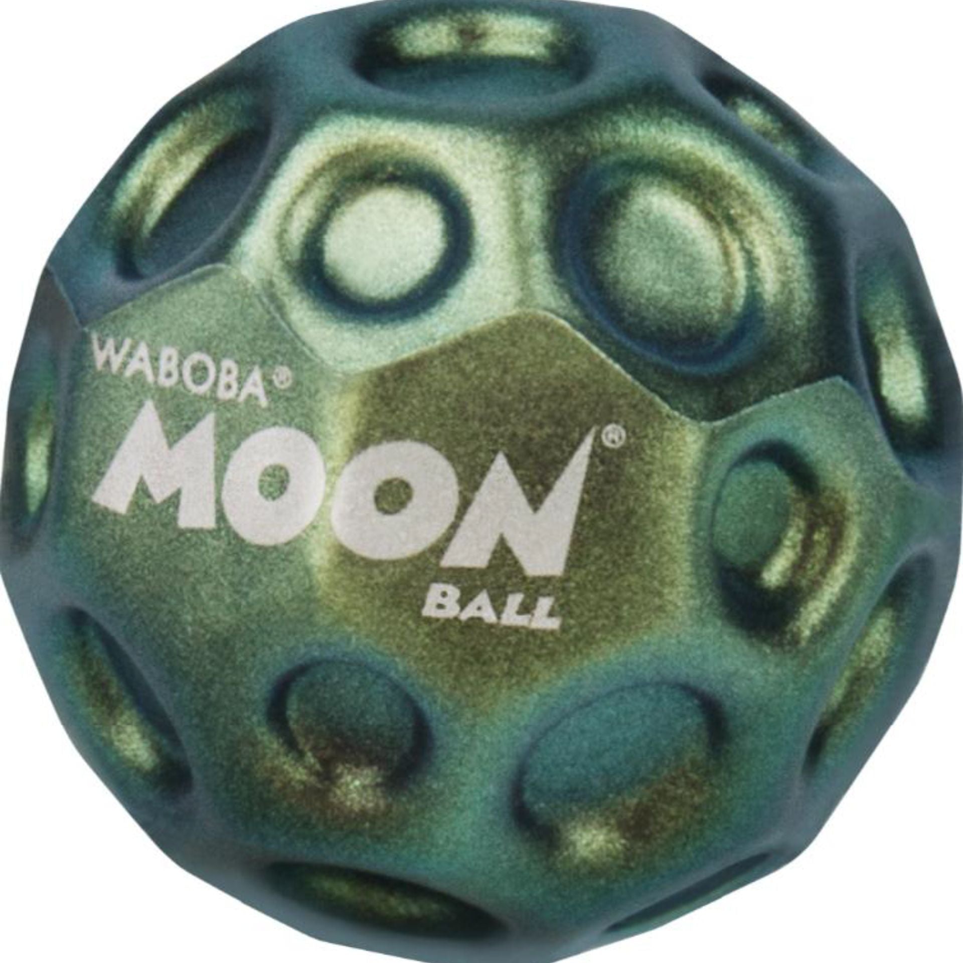 Waboba Iridescent Moon Ball resting on a grassy surface, showcasing its shiny, iridescent surface and spherical shape for outdoor play.