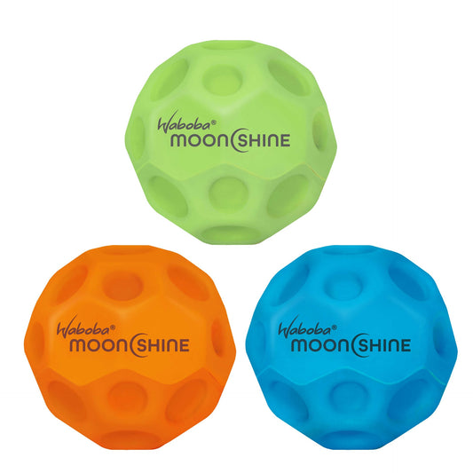 Waboba Moon Shine light-up bouncing ball for outdoor play, glowing in the dark, made for active sports and fun.