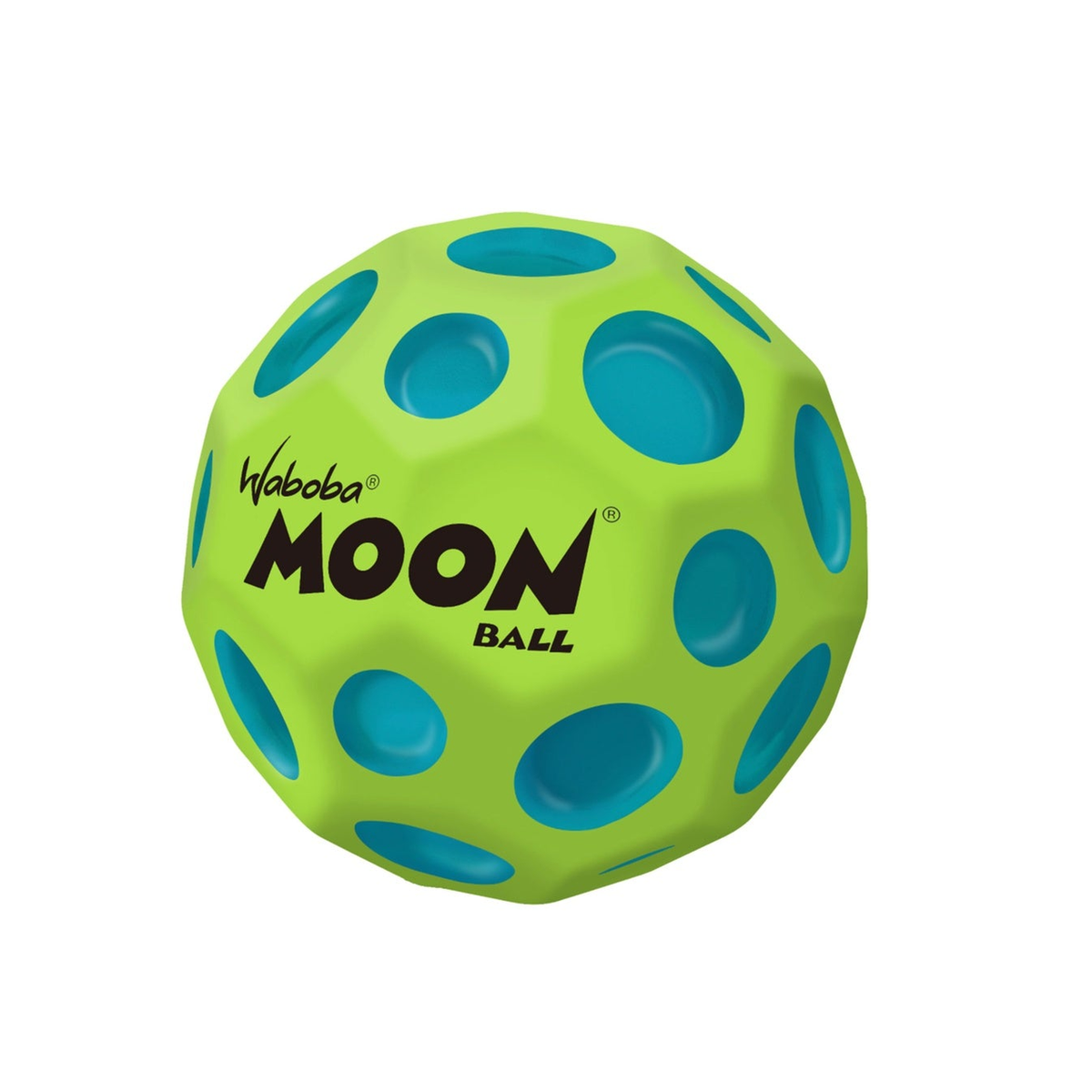 Waboba Moon Ball in vibrant blue with white moon design, designed for outdoor bouncing and recreational play.