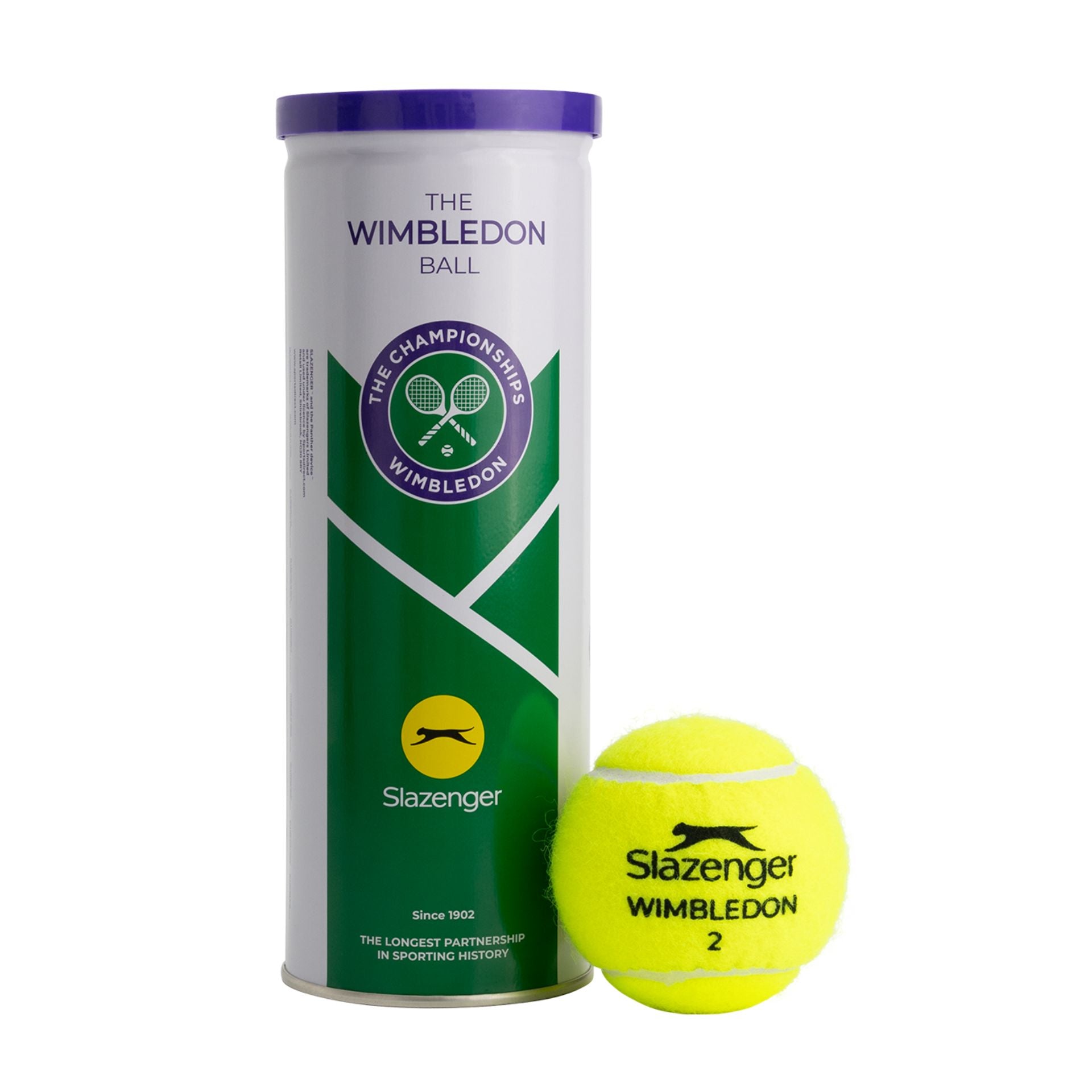 Slazenger Wimbledon tennis balls 2026, sporting goods, with yellow fuzzy surface and Slazenger branding, ready for play.