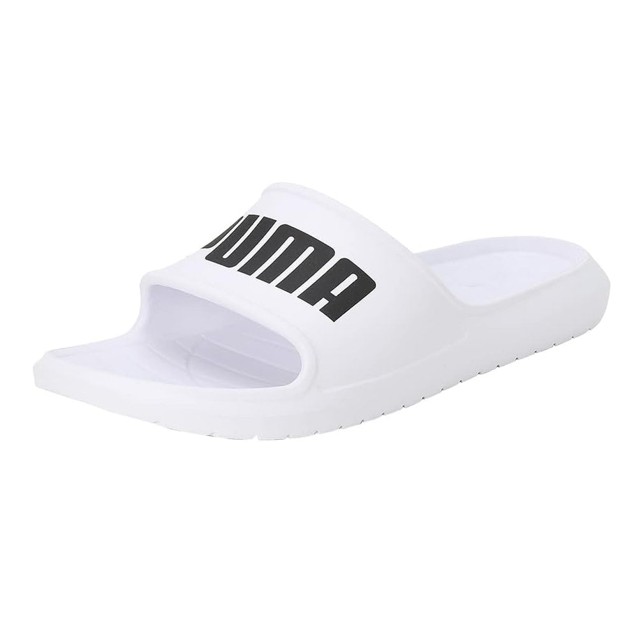 Puma Divecat Lite sliders showing black and white sporty slip-on sandals with Puma logo on the strap.
