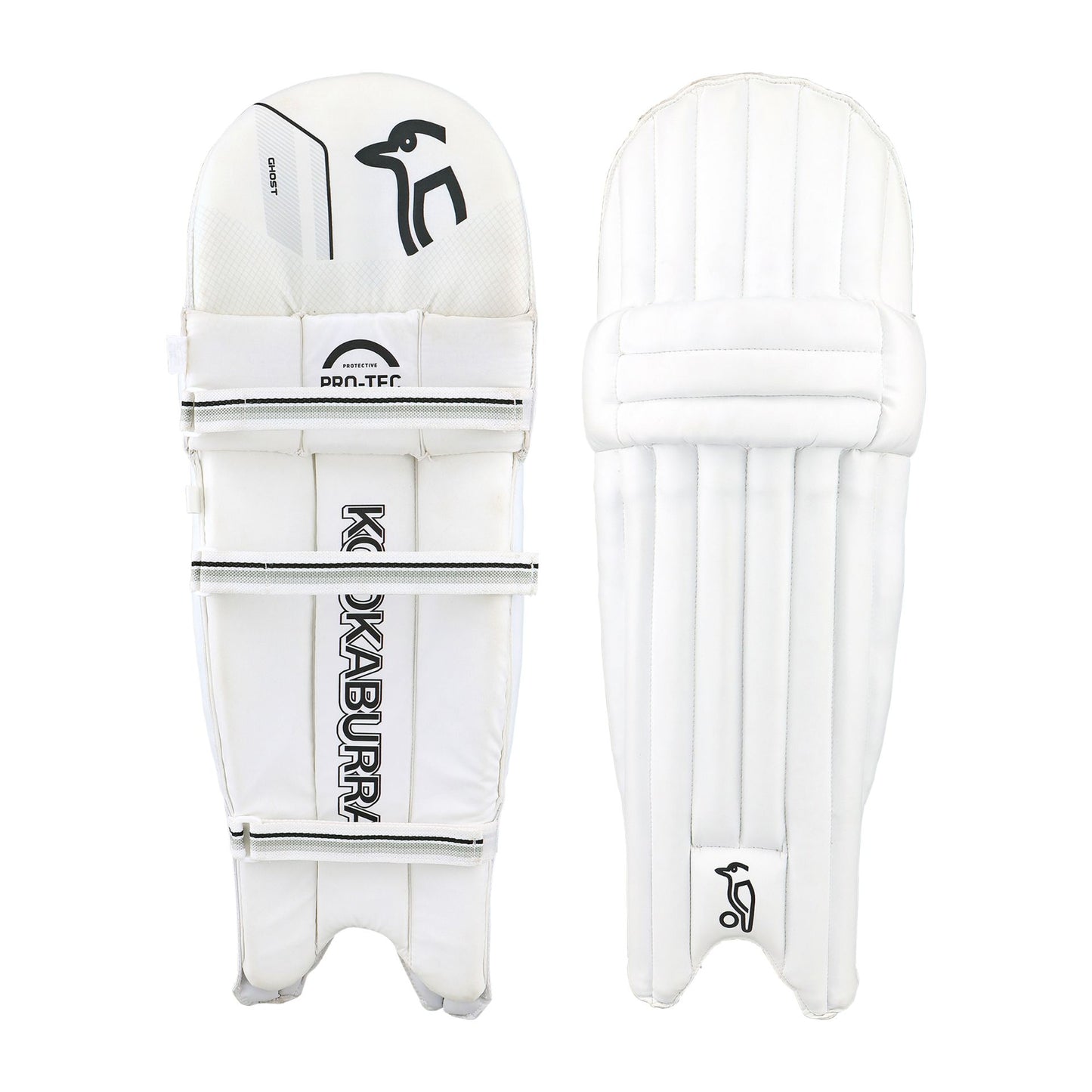 Kookaburra Ghost 6.1 ambidextrous batting pads for cricket, showing lightweight protective gear with adjustable straps and padding.