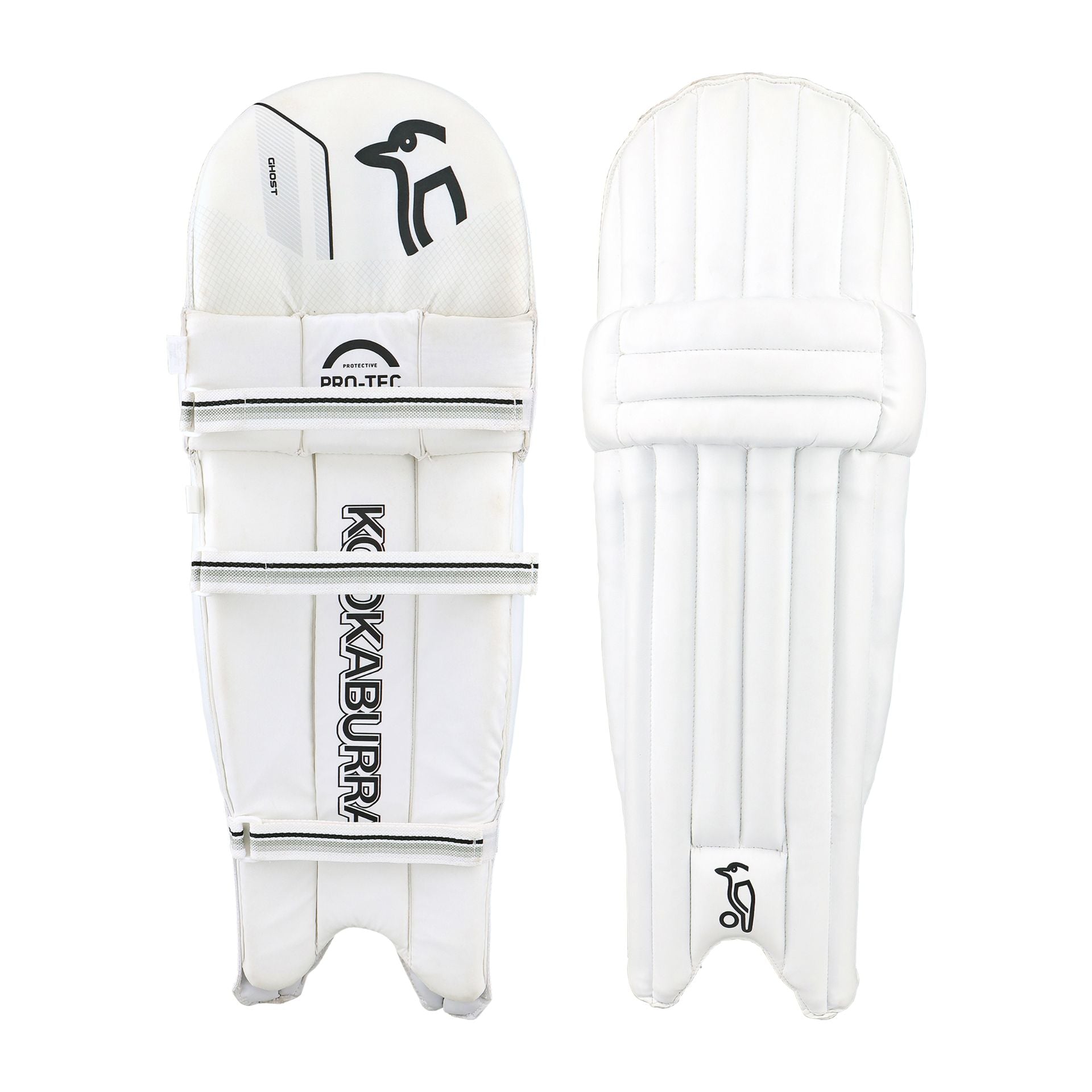 Kookaburra Ghost 6.1 ambidextrous batting pads for cricket, featuring protective padding and adjustable straps, shown in a sporting goods image.