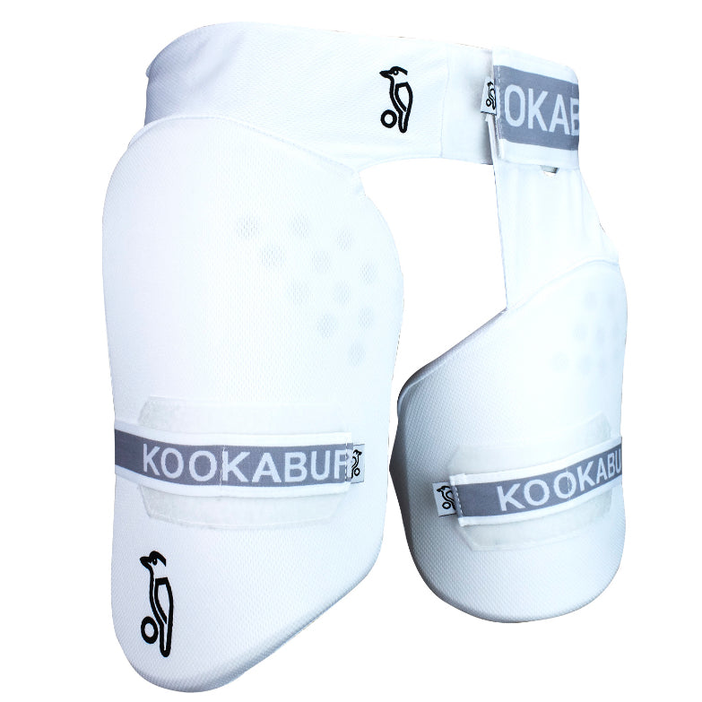 Kookaburra Pro Guard 250 thigh protector for cricket, padded sports gear with black and yellow design, shown in the image.