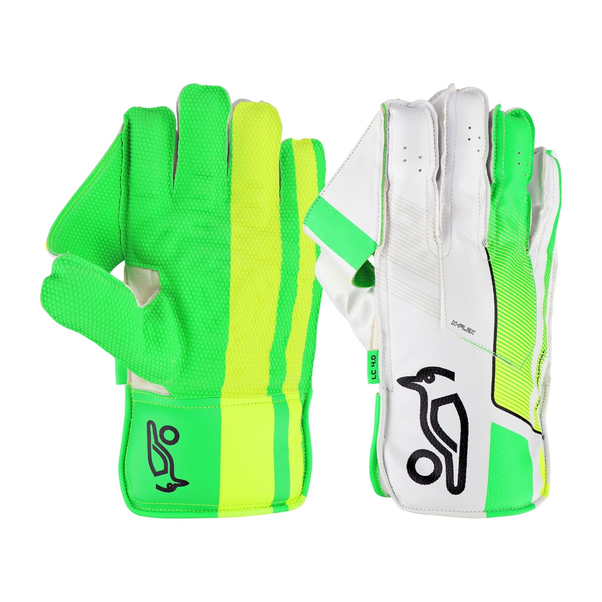 Kookaburra LC 4.0 wicket keeping gloves with padded palms and adjustable straps for cricket wicket keeper protection.