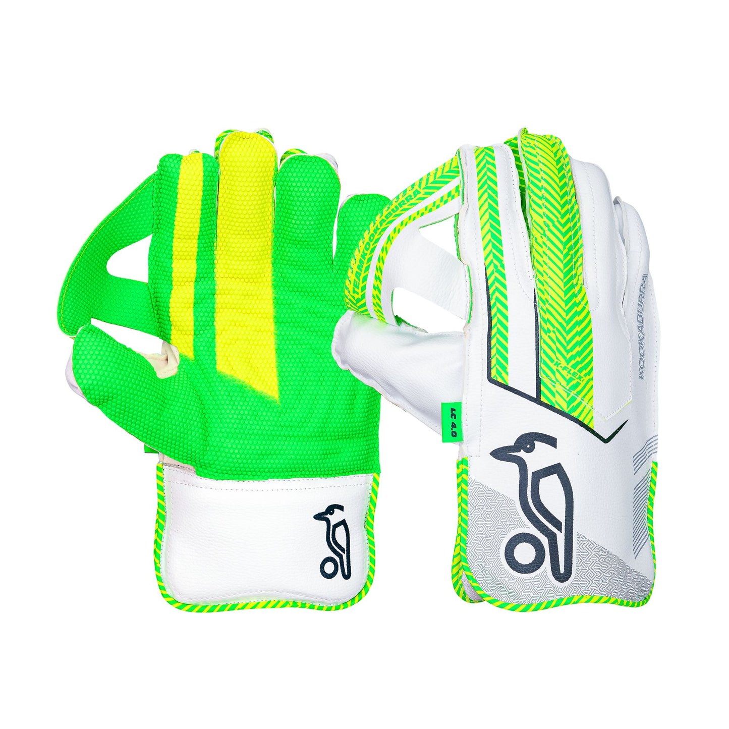 Kookaburra LC 4.0 wicket keeping gloves for cricket, white and blue sports gloves with padding and grip for wicket keeper use