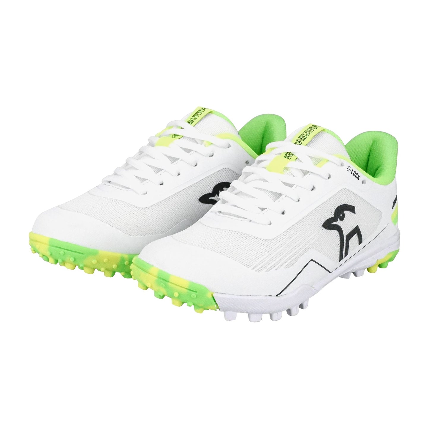 Kookaburra KC 5.0 Junior Rubber Cricket Shoes in black with white accents, featuring durable rubber soles for young cricketers.
