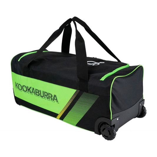 Kookaburra 9500 Wheelie Cricket Bag Junior with large wheels and multiple compartments for young cricketers, black and red design.
