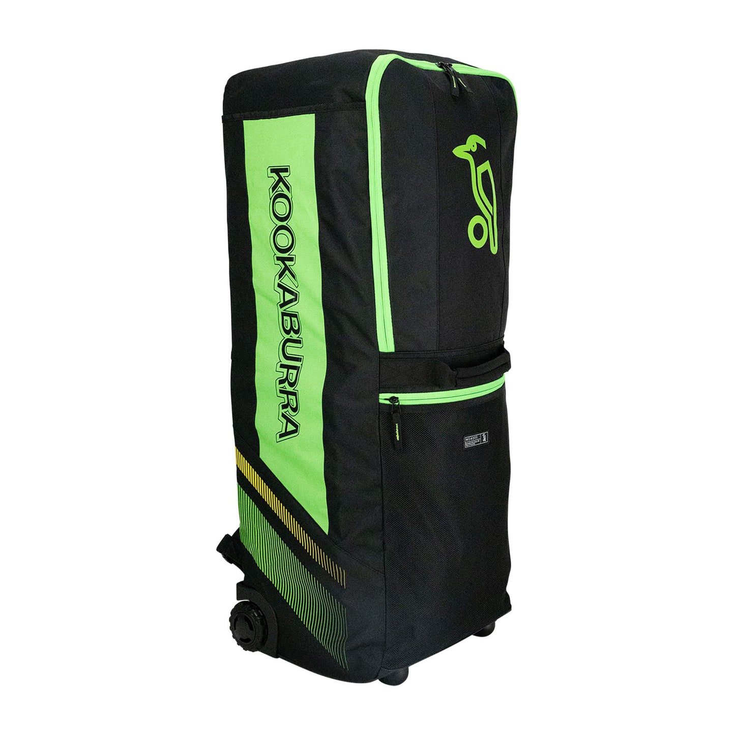Kookaburra WD4000 Wheelie Duffle Bag in black with orange accents, sports gear bag with wheels and adjustable shoulder strap.