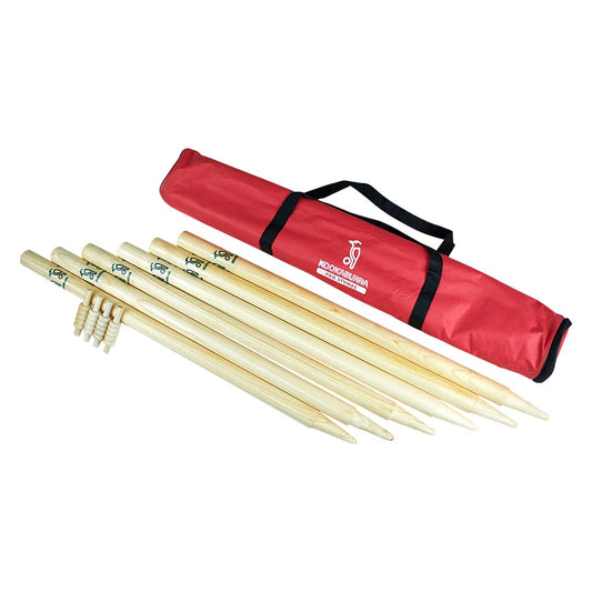 Kookaburra Pro cricket stumps set with bails, sporting goods for cricket practice and matches, featuring durable wooden stumps and bails.