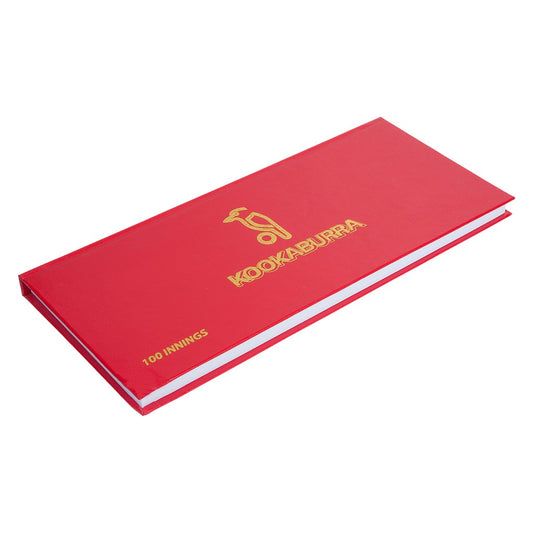 Kookaburra Scorebook for 100 innings, sporting goods, featuring pages with scorekeeping sections and branded cover design.