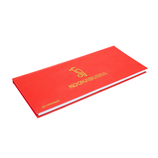 Kookaburra Scorebook for 60 innings, cricket scorekeeping tool with pages for recording detailed match scores and player stats.
