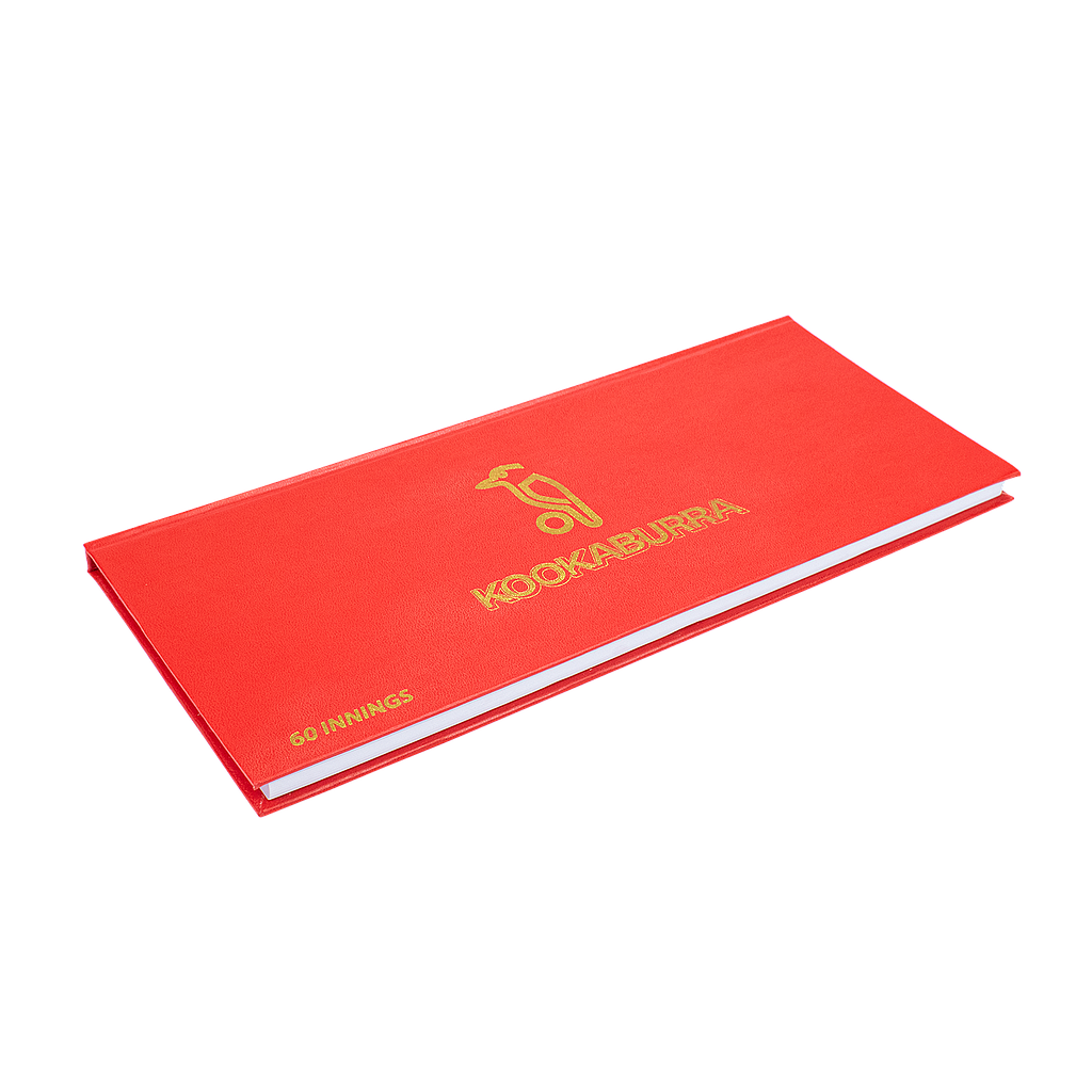 Kookaburra Scorebook for 60 innings, sporting goods, with printed pages for recording cricket scores and player details.