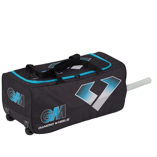 Gunn and Moore GM Diamond 606 Wheelie Duffle Bag in black with handles and wheels, designed for sports or travel use.
