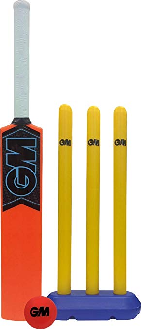 Gunn and Moore GM Striker Youth Cricket Set for ages 8-11, includes cricket bat, ball, and protective gear for young players.