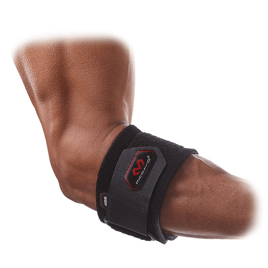 McDavid adjustable tennis elbow strap in black with Velcro closure, designed for support during sports or physical activity.