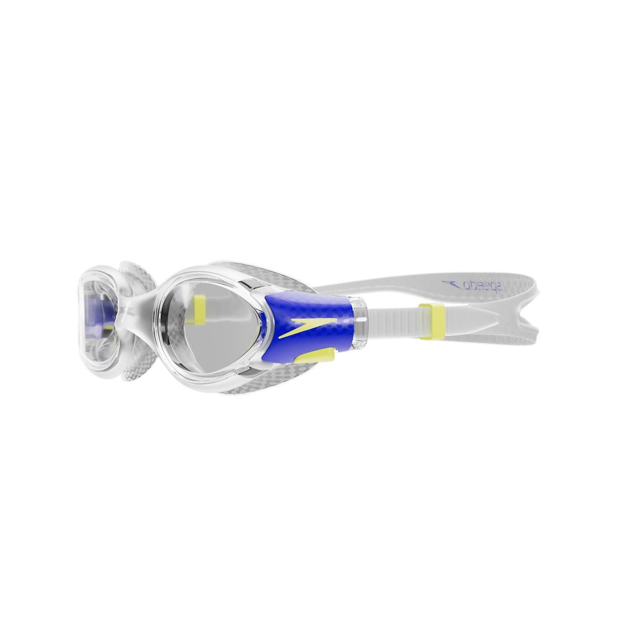 Speedo Biofuse Junior 2.0 swimming goggles with adjustable strap and clear lenses for kids' comfortable fit and visibility.