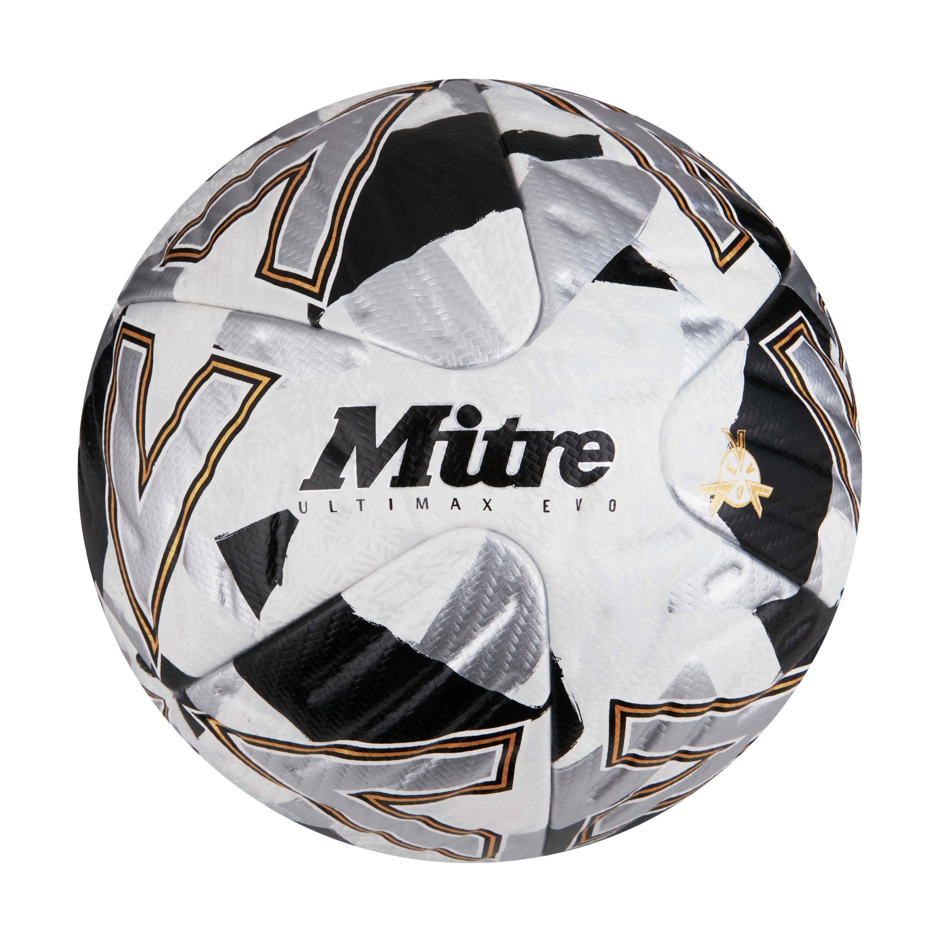 Mitre Ultimax Evo football with textured surface and bold black, white, and red design on a grassy field for sporting goods.