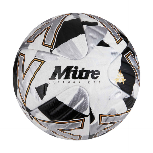 Mitre Ultimax Evo football for sporting goods, showing the textured surface and brand logo on a soccer ball.