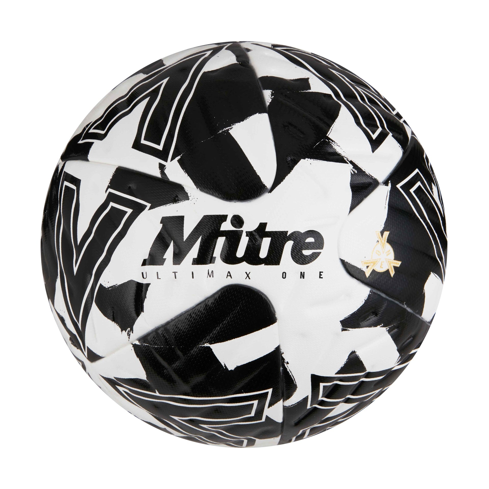 Mitre Ultimax One football resting on grass, showcasing its durable synthetic surface and classic design for soccer matches.