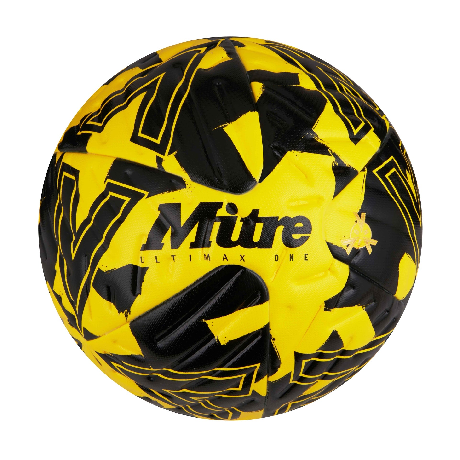 Mitre Ultimax One football, sporting goods ball with orange and black design, close-up view showing textured surface and brand logo.