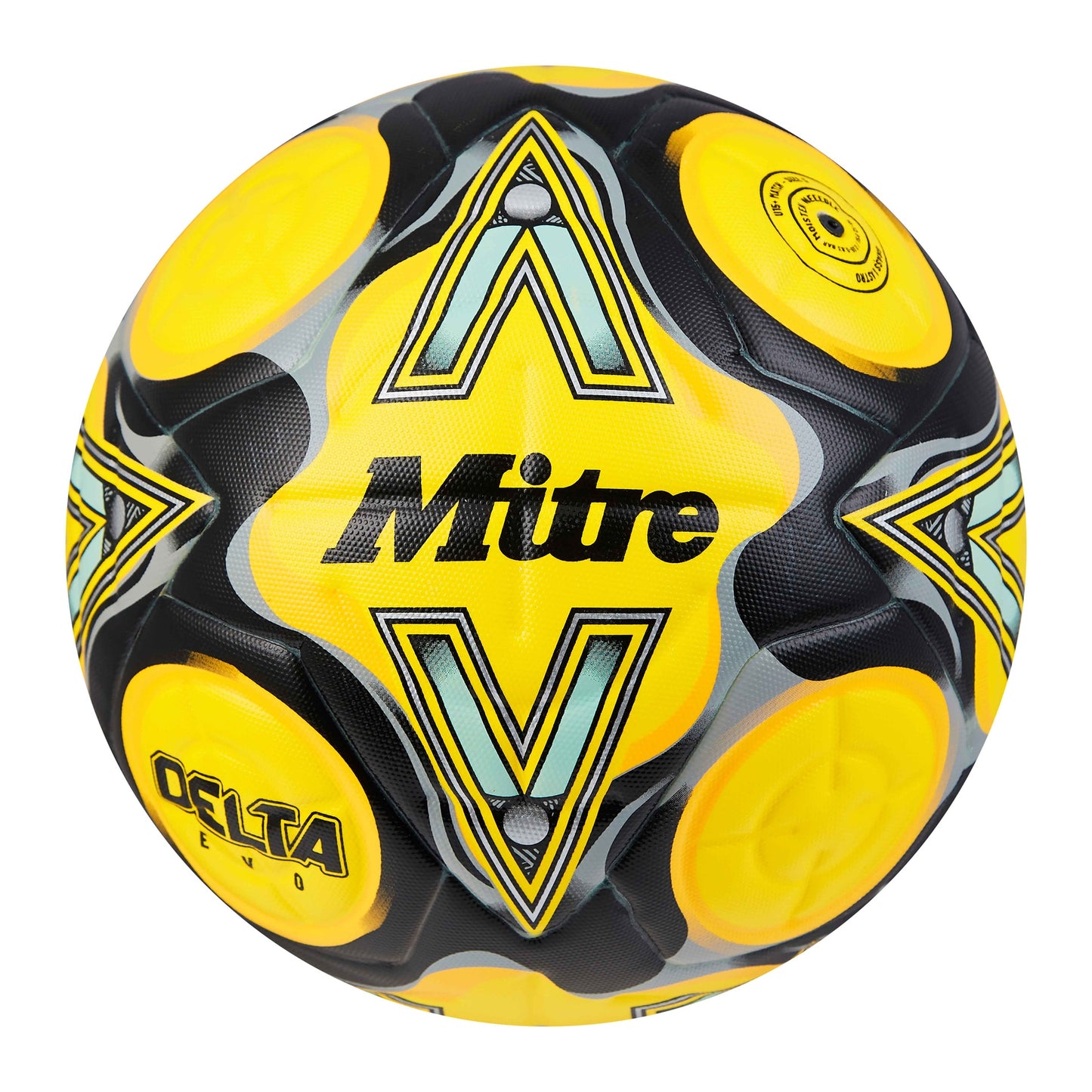 Mitre Delta Evo football showing black and white panel design, crafted for optimal grip and durability in sporting goods.