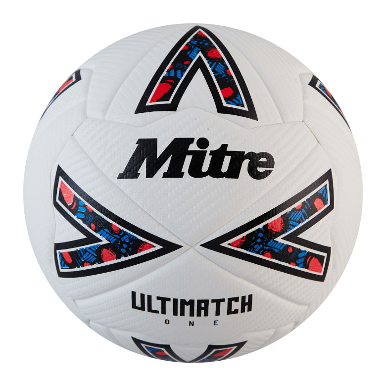 Mitre Ultimatch One football with white, black, and red panels, designed for outdoor soccer games, sporting sporting goods equipment.