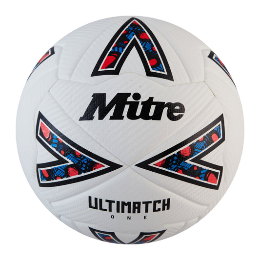 Mitre Ultimatch One football with white and black design, suitable for outdoor soccer games and training sessions.