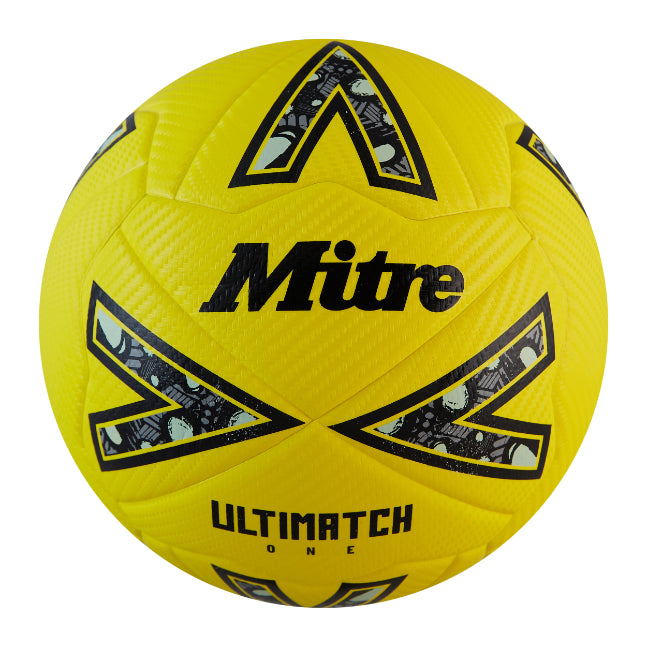 Mitre Ultimatch One football with white and black panel design, suitable for soccer practice and matches.