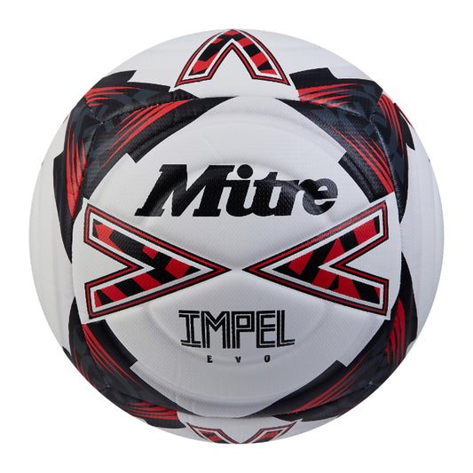 Mitre Impel Evo football showing the white, black, and blue design with brand logo, suitable for soccer or sporting goods use.