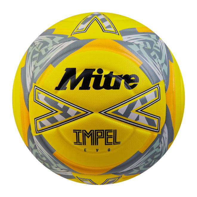 Mitre Impel Evo football with a colorful design, suitable for sporting goods and outdoor soccer play.