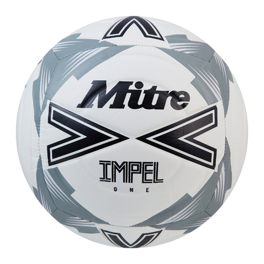 Mitre Impel One football resting on a grassy field, showing its textured surface and vibrant colors for sporting goods.