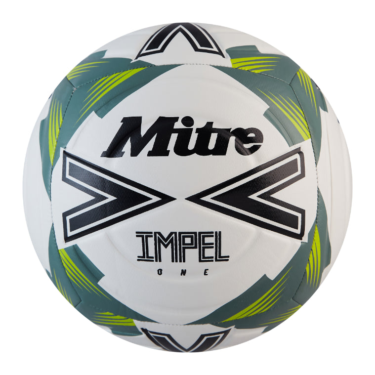Mitre Impel One football resting on grass, sporting goods soccer ball with white, black, and red design for outdoor play.