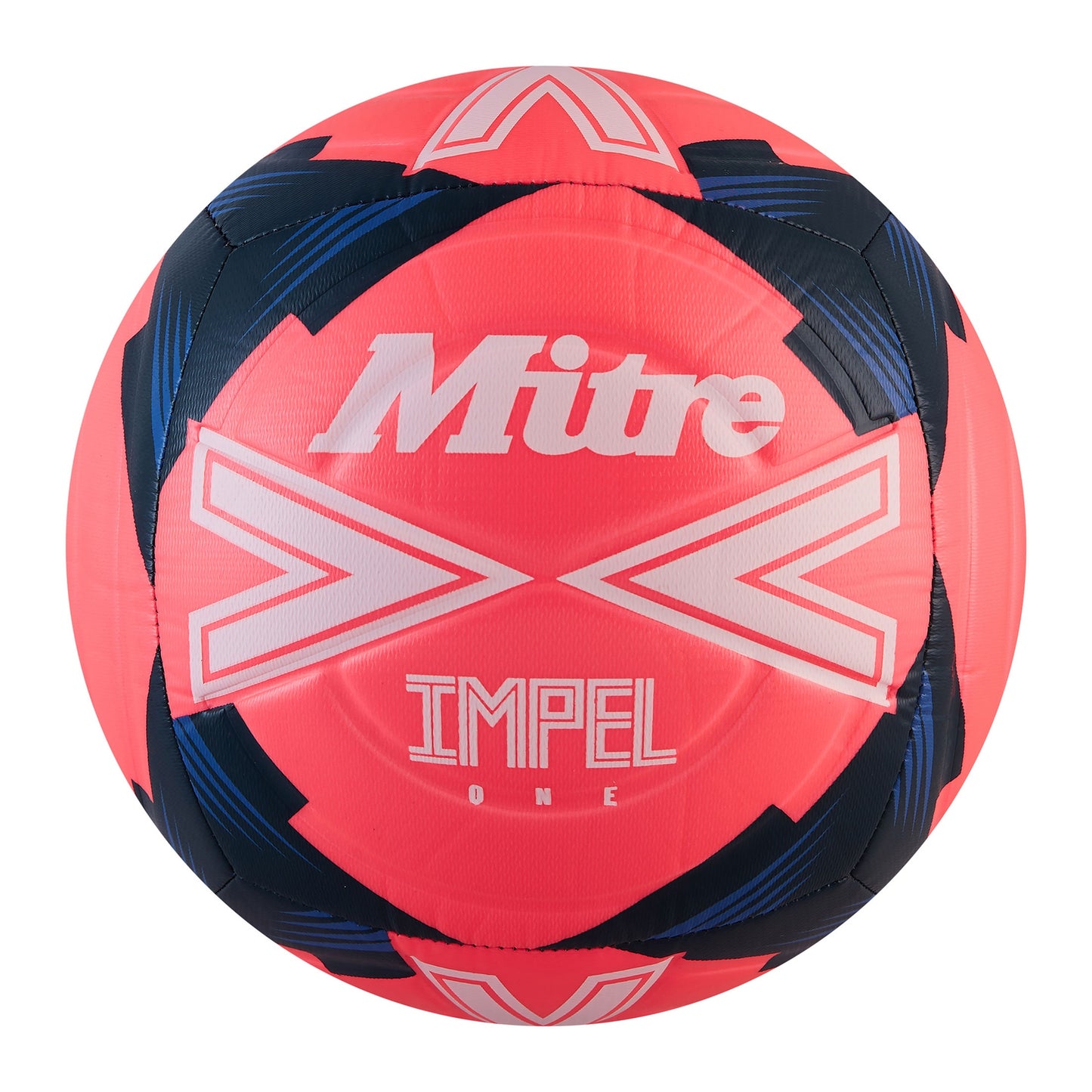 Mitre Impel One football resting on grass, showing vibrant design and brand logo, ideal for soccer and sporting goods.