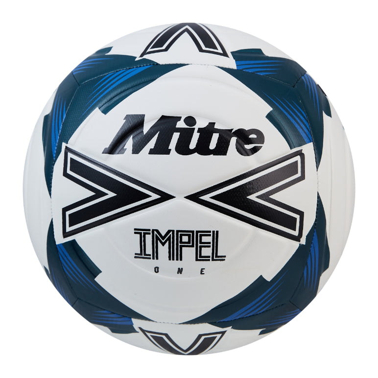 Mitre Impel One football for soccer, showcasing the branded ball with colorful panel design and textured surface.